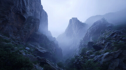 Fototapeta premium canyon filled with soft mist, atmospheric depth, photo-realistic HDR, diffused lighting, detailed rock textures emerging through fog, cinematic realism.