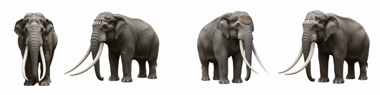 Set of realistic African elephants with decorative headpieces on black