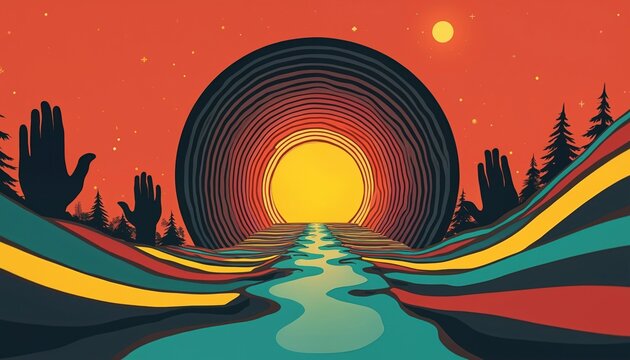 Psychedelic landscape with giant hands reaching up towards a circular sun portal and a flowing river. Bold colors and retro style create a hypnotic visual.