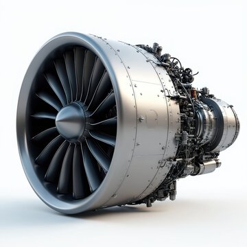 Modern jet engine with detailed turbine fan and complex machinery. Futuristic aircraft power unit isolated on white background. Aviation tech concept.