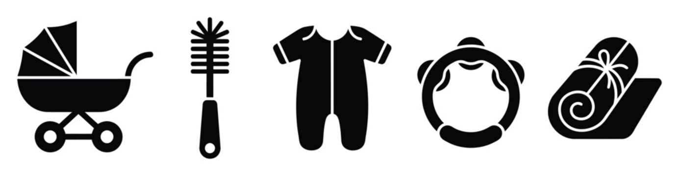 Universal baby essentials glyph icons featuring stroller, bottle brush, sleepsuit, teether, and blanket suitable for infant product advertising, parenting education, and digital interfaces