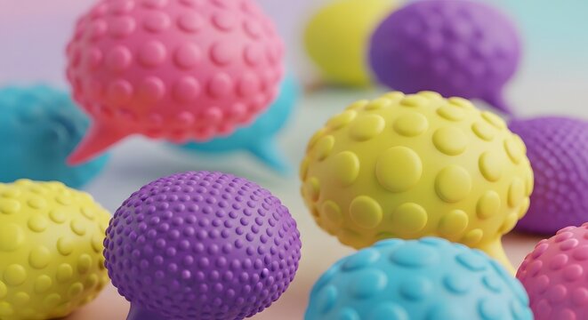Textured purple and yellow round objects stand out among other colorful shapes