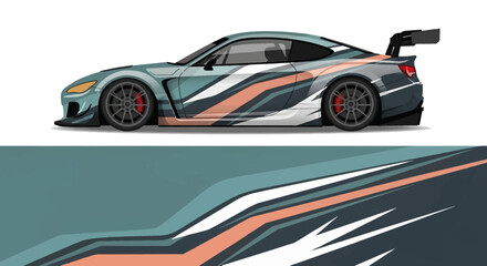 Obraz premium Vibrant Graphic Illustration of a Sleek Racing Car with Stripes and Dynamic Design Elements.