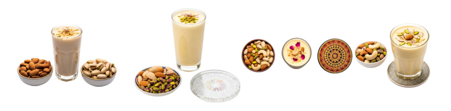 A variety of Indian milkshakes and snacks on transparent background