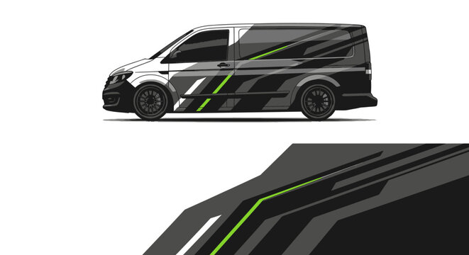 Sleek black transport van with lime green racing stripes and graphic decals in side view.