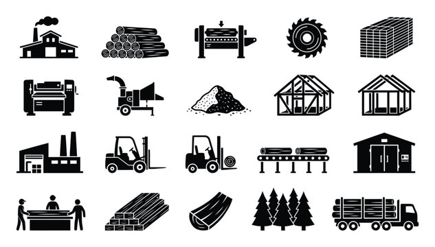 Timber and woodworking industry icons depicting logging, lumber production, and construction materials for graphic design resources and business applications