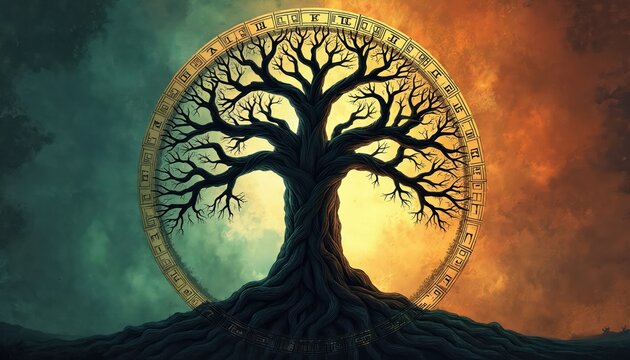 Stylized illustration shows large ancient tree with intricate roots, branches inside circular frame. Frame contains Futhark runes, Norse mythology, Celtic traditions. Background contrasting green,