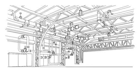 Fototapeta premium Industrial building interior blueprint showing complex network of pipes, structural beams, and mechanical systems for architectural planning, engineering analysis, or construction project