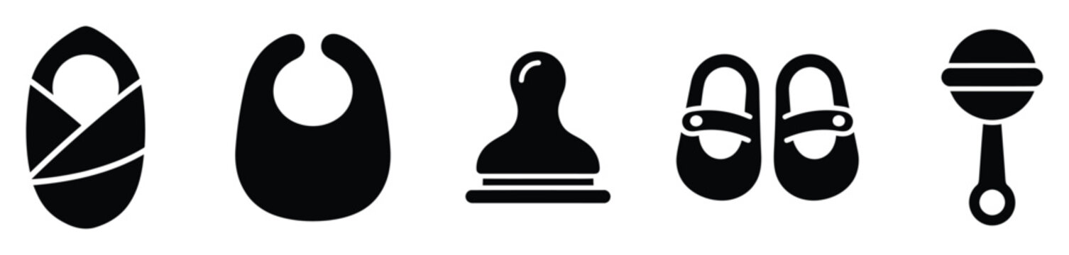 Black silhouette icons of essential baby items including a swaddled infant, feeding bib, bottle, soft shoes, and rattle, perfect for parenting resources and childrens product designs.