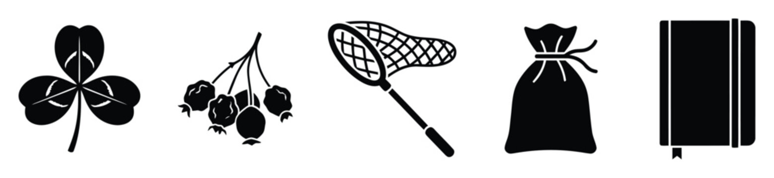 Black silhouette icons presenting a lucky threeleaf clover, wild berries, an insect net, a simple drawstring pouch, and a classic notebook with bookmark, useful for diverse graphic