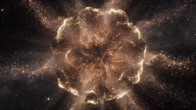 Stunning Visualization Of A Colossal Spiral Galaxy Forming From A Deep Space Rotating Cosmic Gas Cloud With Glowing Particles And Distant Stars In The Universe