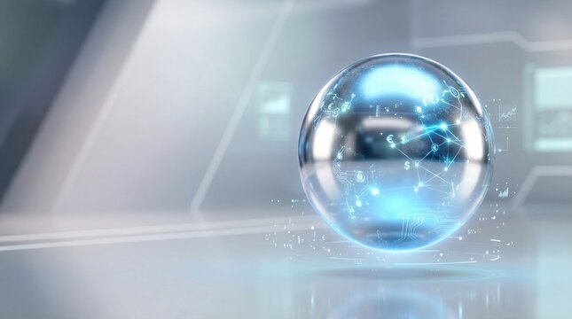Gleaming sphere with glowing digital connections and financial symbols on a sleek futuristic background