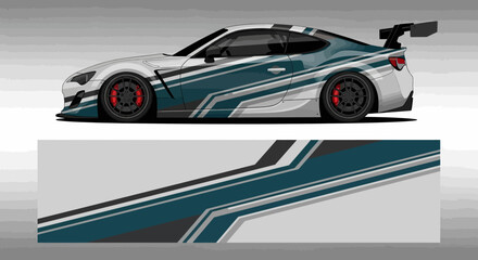 Fototapeta premium Dynamic blue racing car with teal stripes and sleek aerodynamic graphics.