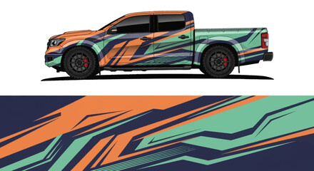Fototapeta premium Colorful abstract wrap design on a modern pickup truck side view.
