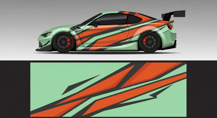 Obraz premium Sporty race car with bold orange and teal livery displayed in a modern studio setup.