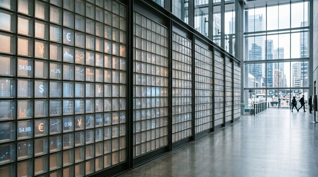 Modern financial tickers displayed on glass blocks in a contemporary building lobby
