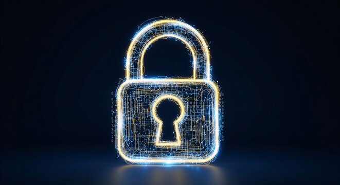 Glowing digital padlock symbol with circuitry and binary code on dark background