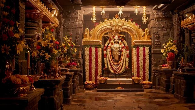 Intricate Interior of Lord Venkateshwara Shrine Decorated for Religious Ceremony and Festival Celebrations