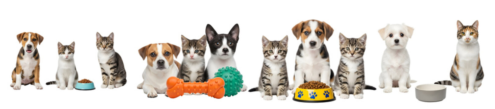 A group of adorable puppies and kittens sitting together on transparent background