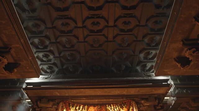 Intricate Inner Sanctum of Lord Venkateshwara Temple Decorated for Festival Ceremony with Floral Garlands and Traditional Elements