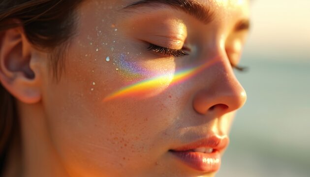 Woman face with subtle glitter and rainbow light refraction. Skin care and sun protection theme. Beauty and cosmetic light effects. Summer glow. Face protection.