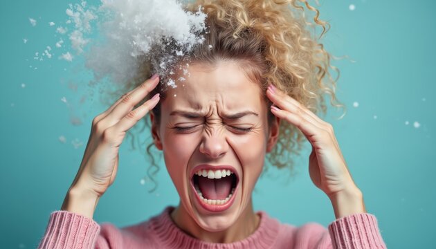 Young woman experiences intense headache, brain freeze sensation, ice shards exploding from head. Intense pain expression, closed eyes, mouth open in scream, hands on temples, blue background.