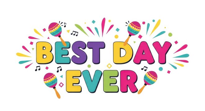 Vibrant colorful text best day ever with musical notes and maracas best day ever colorful text music