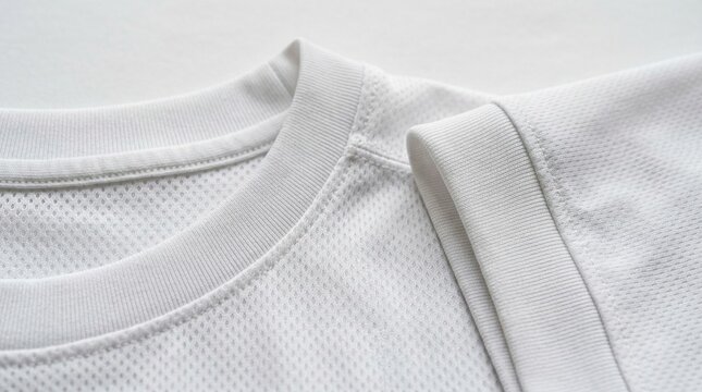 A close-up view of a white t-shirt with visible seams and collar on a plain surface