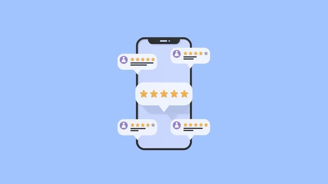 Animated Smartphone With Floating Chat Bubbles Showing Customer Reviews And Ratings. Suitable For Online Feedback, Digital Marketing, App Promotion, And User Experience Visuals.