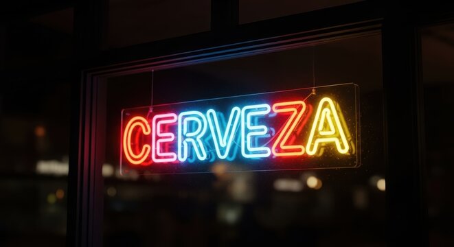 a neon sign on a window with the word cerveza on it at night advertising sign alcohol advertising ba