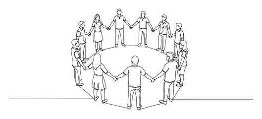 Naklejka premium Unified diverse individuals holding hands in a circular formation, symbolizing teamwork, community, global connection, and partnership, ideal for concepts of social unity, group support, or