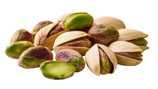 Pile of shelled and unshelled pistachios, isolated on transparent background
