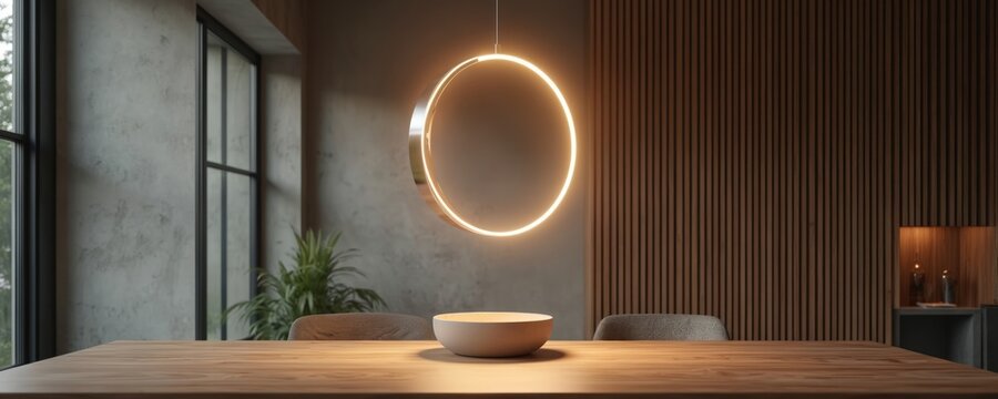 Modern circular ceiling light fixture glows warmly over a wooden dining table. Contemporary interior design includes textured walls and slatted wood panels.