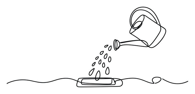 Continuous line drawing of a watering can pouring water onto a seedbed symbolizing plant growth and new beginnings for gardening or naturerelated projects