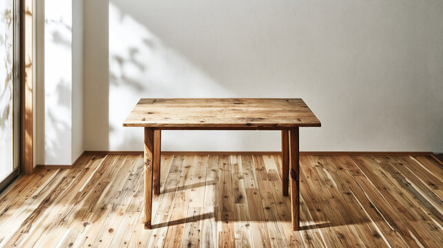 Minimal interior with wooden table and natural sunlight, clean product display background、自然光が差し込む木製テーブルのあるミニマルな室内空間、商品展示用背景