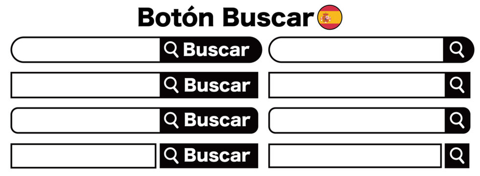 Barra de b&uacute;squeda en espa&ntilde;ol con icono de lupa, Bot&oacute;n Buscar, Ilustraci&oacute;n vectorial