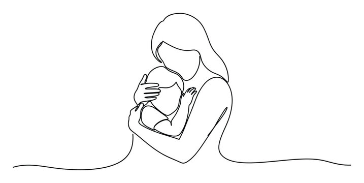 Simple continuous line art drawing depicting a tender mother embracing her baby, symbolizing nurturing care and unconditional family love, ideal for maternity and parenthood themed
