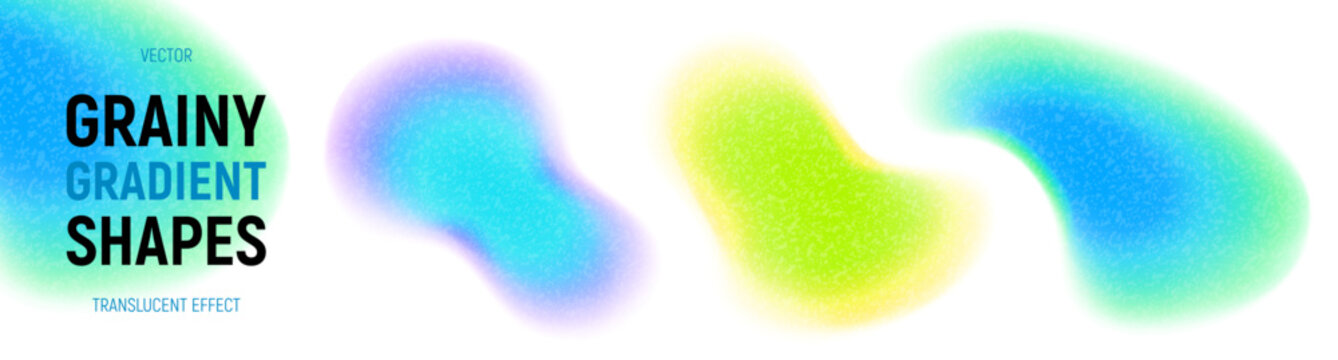 Set of dynamic grainy gradient shapes. Vibrant vector shapes with blur edges, iridescent gradient and grainy texture. Bright acid neon gradient shapes isolated on light background.