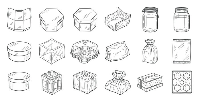 Hand drawn outline collection of various food packaging containers and storage options including jars boxes bags and trays suitable for grocery store concepts and product design resources