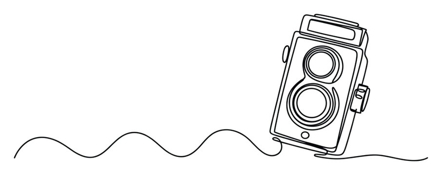 A single unbroken line drawing of a classic twin lens reflex camera featuring a dynamic wavy cord, perfect for photography enthusiasts and visual media projects.
