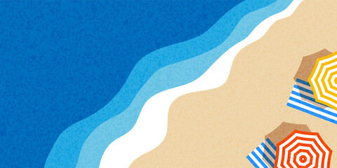 Summer beach vector illustration, beach umbrellas and towels on the sand, aerial view. Destinations for travel, recreation, and relaxation. Sea or ocean, waves near the shore. © sunshinys