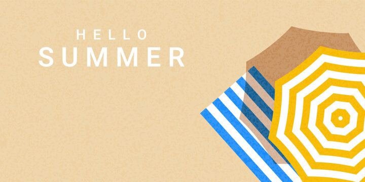 Hello summer! Summer beach vector illustration, with an umbrella and towel on the sand, viewed from above. A destination for travel, relaxation, and recreation.