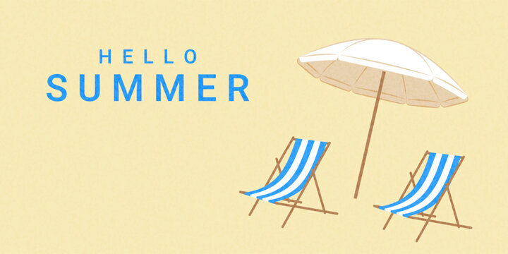 Hello summer! Summer vector illustration of a beach, umbrella, and striped chairs on the sand. A destination for travel, relaxation, and recreation.