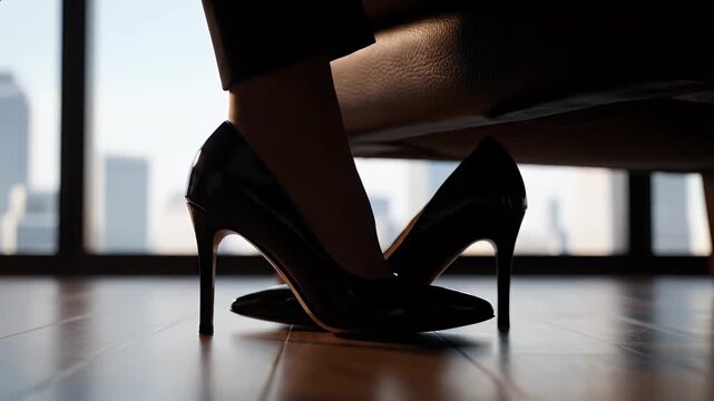 Woman in Black High Heels Shoes Resting Feet Under Desk in Office with Cityscape View Daytime Warm Sunlight