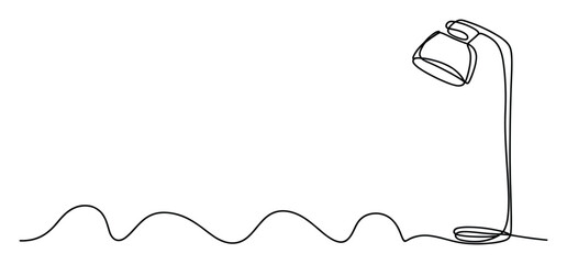 Obraz premium Continuous single line drawing of a modern floor lamp with a simple wavy abstract base, perfect for minimalist interior decor, lighting concepts, or home furnishing websites.