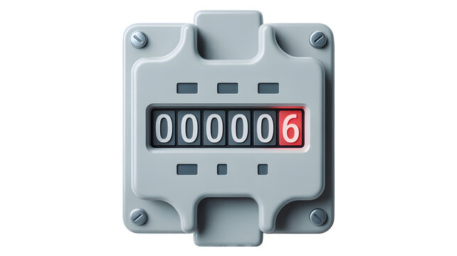 Gray mechanical counter with six on transparent background isolated device