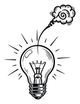 Hand drawn lightbulb radiating energy and connected to a smoke cloud representing a new thought or inspiration, perfect for illustrating innovation, brainstorming, and problem solving in