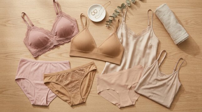 Flat lay of women's comfortable and stylish lingerie and sleepwear in neutral tones on a wooden background, featuring bras, panties, and camisoles.