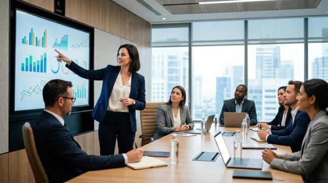 Businesswoman presenting financial data and analytics to a diverse team in a modern corporate boardroom, discussing growth strategies and market trends during a strategic meeting.