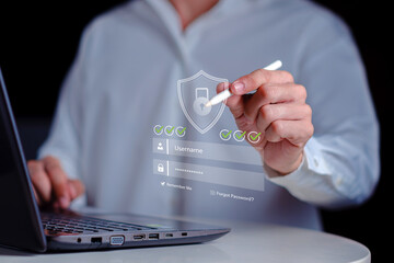 Cybersecurity authentication user verifying secure login digital identity protection, password validation, data privacy, secure access interface, network security and online account protection